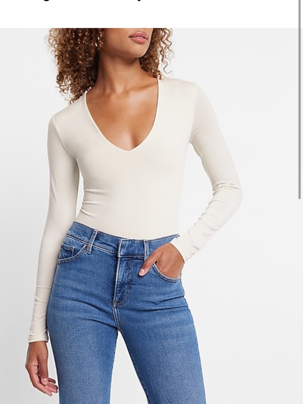 Express Cream V-Neck Long Sleeve Bodysuit